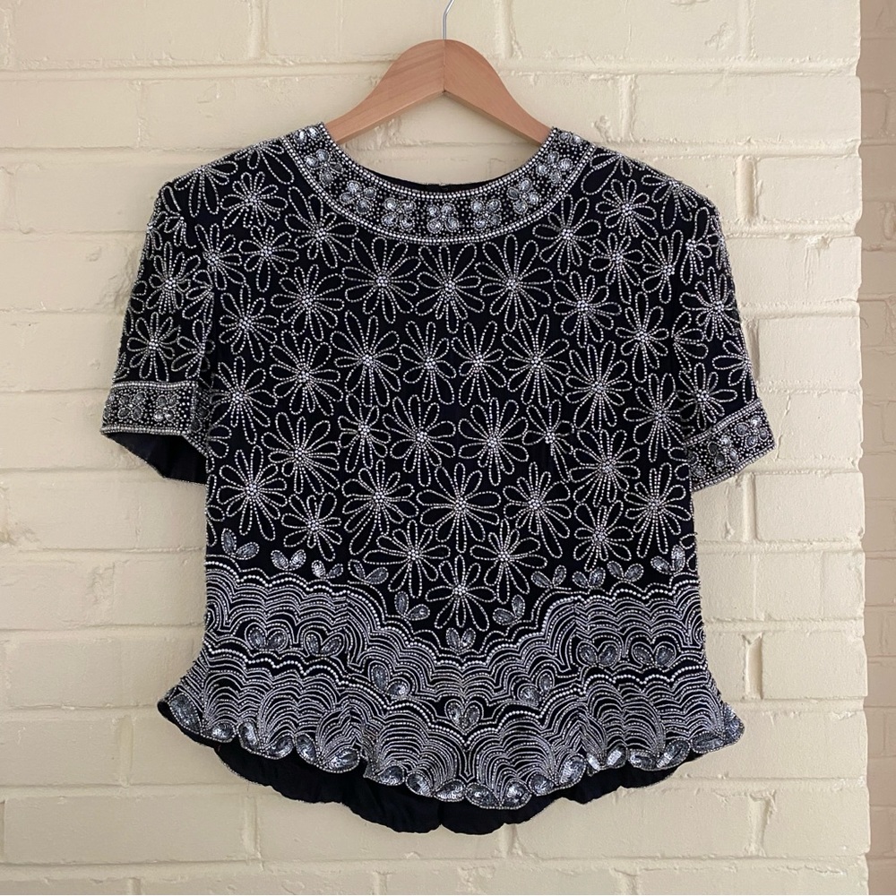 Vintage Andrianna Papell Boutique Evening Silk Beaded Black Orate Top Size Large